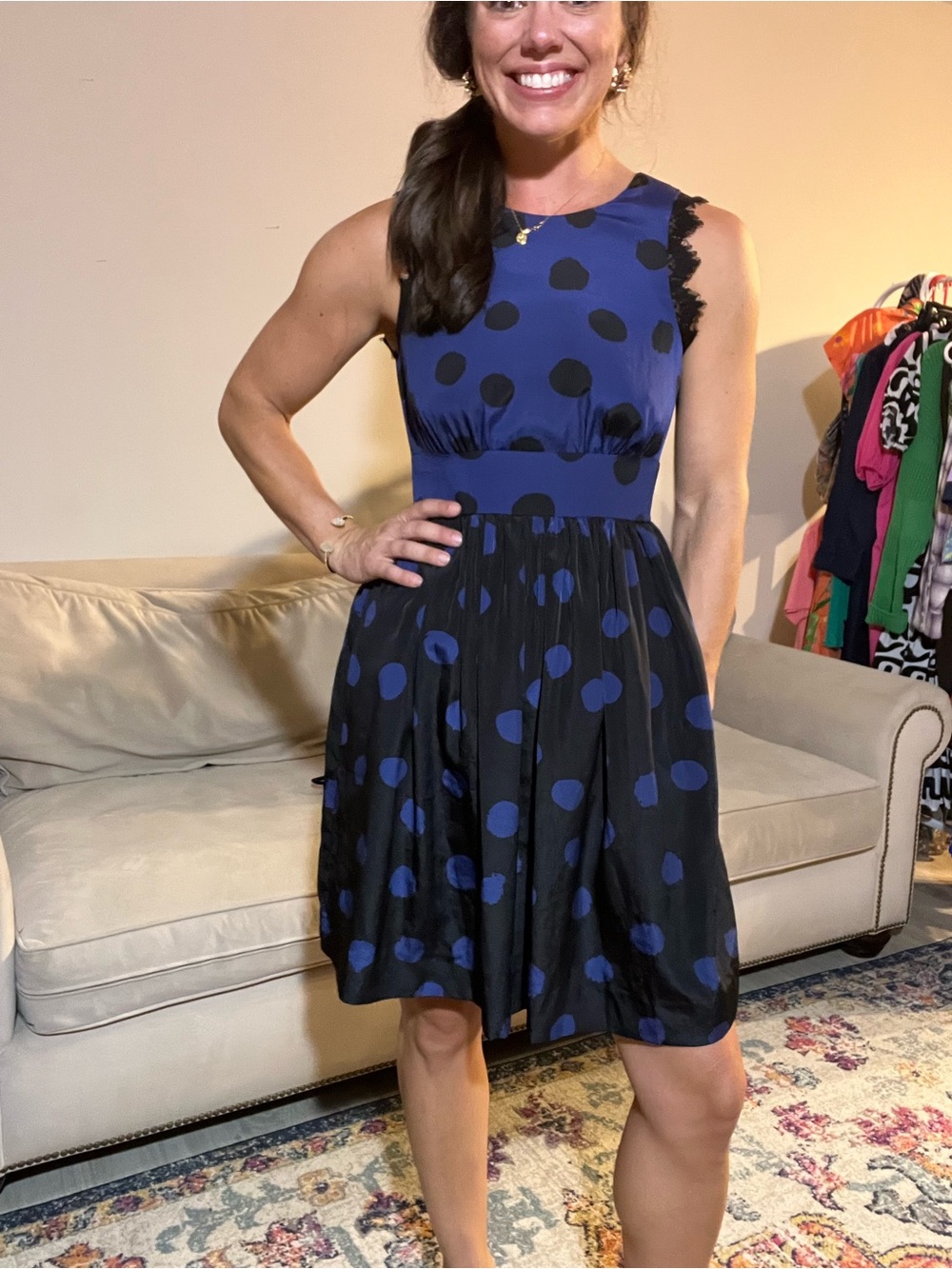 NWT Anthropologie Cocktail Dress Blue Black Polka Dot Open Back Size 0